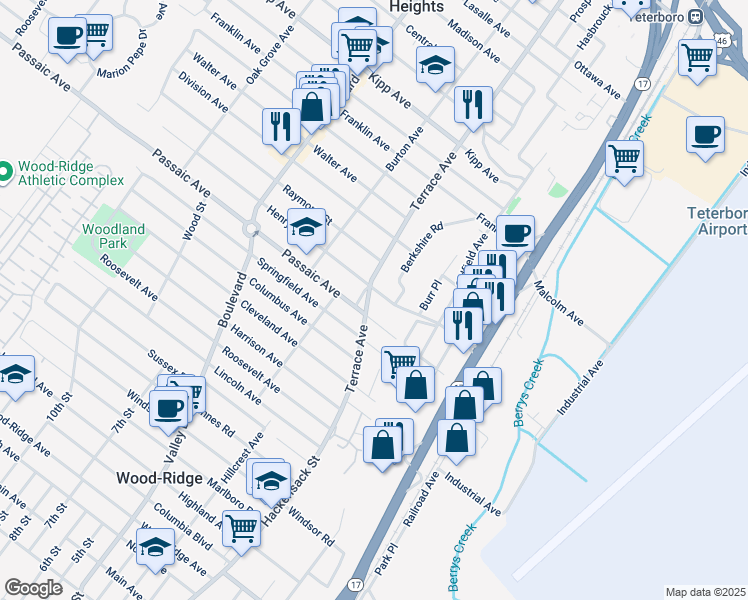 map of restaurants, bars, coffee shops, grocery stores, and more near 118 Terrace Avenue in Hasbrouck Heights