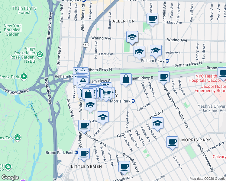 map of restaurants, bars, coffee shops, grocery stores, and more near 2165 Matthews Avenue in Bronx