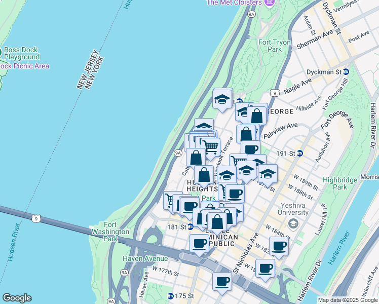 map of restaurants, bars, coffee shops, grocery stores, and more near 250 Cabrini Boulevard in New York