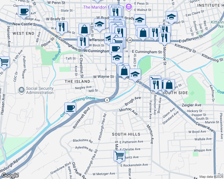 map of restaurants, bars, coffee shops, grocery stores, and more near 115 West Quarry Street in Butler