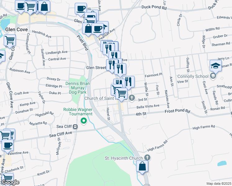 map of restaurants, bars, coffee shops, grocery stores, and more near 40 Cedar Swamp Road in Glen Cove