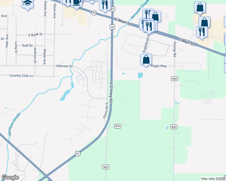 map of restaurants, bars, coffee shops, grocery stores, and more near 1045 U.S. 42 in Ashland