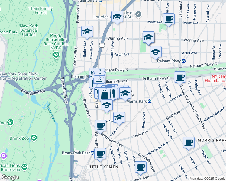map of restaurants, bars, coffee shops, grocery stores, and more near 2178 Holland Avenue in Bronx