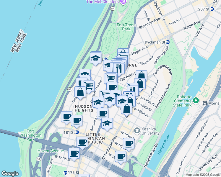 map of restaurants, bars, coffee shops, grocery stores, and more near 4411 Broadway in New York