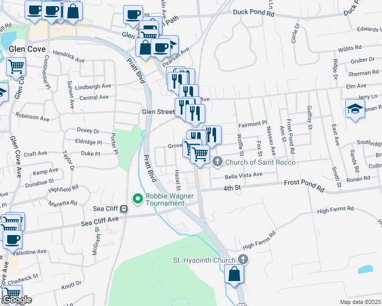 map of restaurants, bars, coffee shops, grocery stores, and more near 40 Cedar Swamp Road in Glen Cove