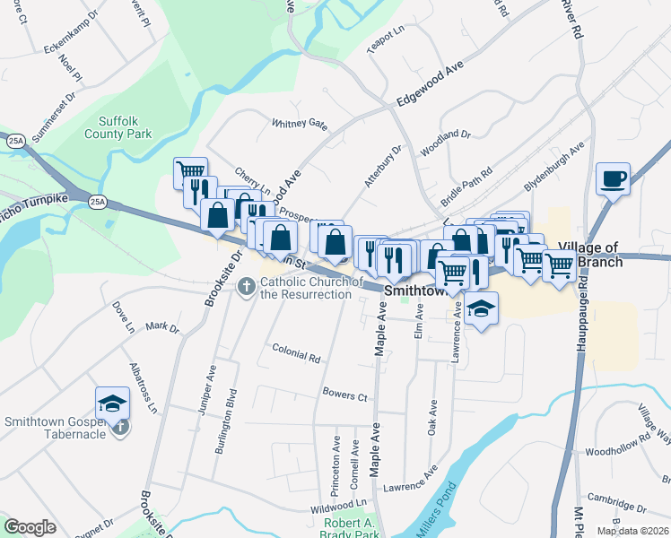 map of restaurants, bars, coffee shops, grocery stores, and more near 135 West Main Street in Smithtown