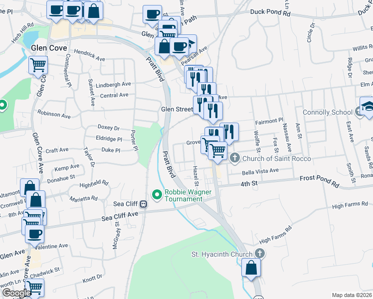 map of restaurants, bars, coffee shops, grocery stores, and more near 44 Hazel Street in Glen Cove
