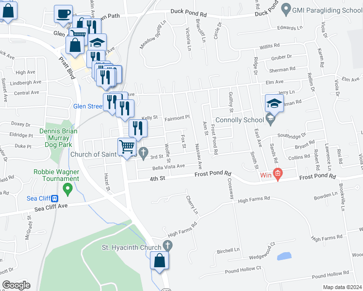 map of restaurants, bars, coffee shops, grocery stores, and more near 55 3rd Street in Glen Cove