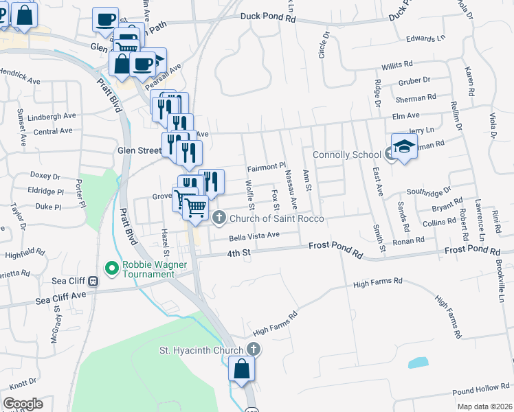 map of restaurants, bars, coffee shops, grocery stores, and more near 47 Wolfle Street in Glen Cove