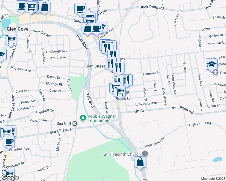 map of restaurants, bars, coffee shops, grocery stores, and more near 44 Cedar Swamp Road in Glen Cove