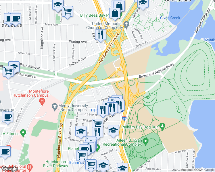 map of restaurants, bars, coffee shops, grocery stores, and more near 1910 Pelham Parkway South in Bronx