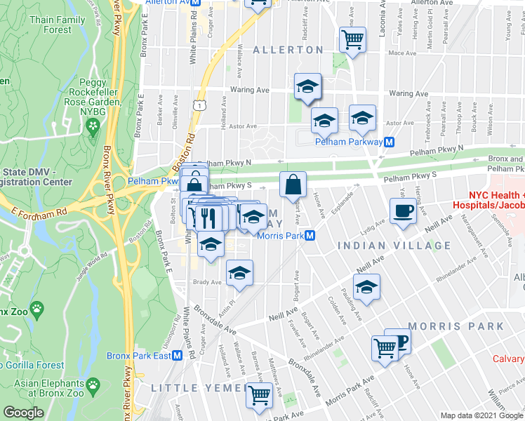 map of restaurants, bars, coffee shops, grocery stores, and more near 2165 Matthews Avenue in Bronx