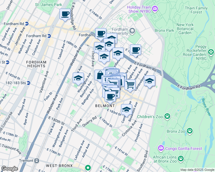 map of restaurants, bars, coffee shops, grocery stores, and more near in The Bronx