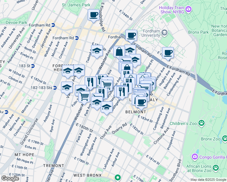 map of restaurants, bars, coffee shops, grocery stores, and more near 2317 Washington Avenue in Bronx