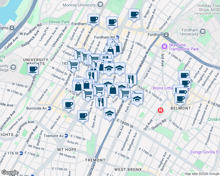 map of restaurants, bars, coffee shops, grocery stores, and more near in The Bronx