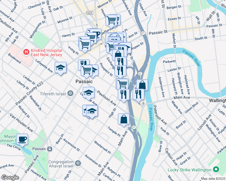 map of restaurants, bars, coffee shops, grocery stores, and more near 77 Pennington Avenue in Passaic