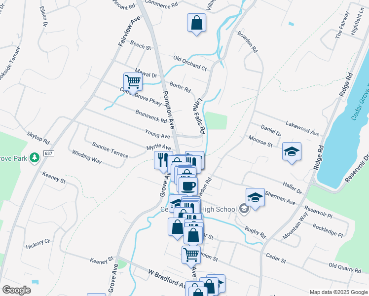 map of restaurants, bars, coffee shops, grocery stores, and more near 655 Pompton Avenue in Cedar Grove