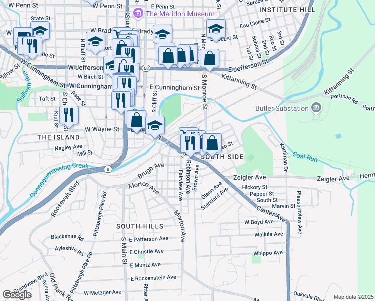 map of restaurants, bars, coffee shops, grocery stores, and more near 315 Center Avenue in Butler