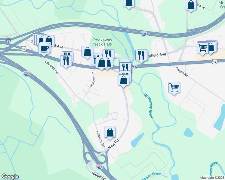 map of restaurants, bars, coffee shops, grocery stores, and more near 130 New Road in Parsippany-Troy Hills