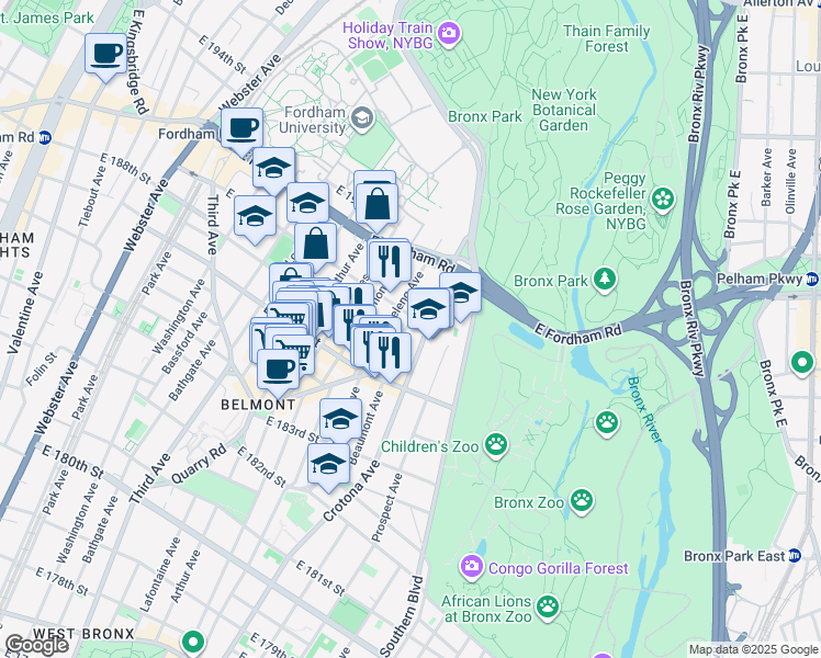 map of restaurants, bars, coffee shops, grocery stores, and more near 2445 Beaumont Avenue in Bronx