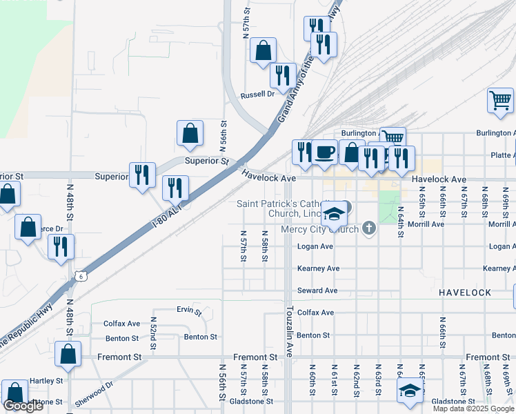 map of restaurants, bars, coffee shops, grocery stores, and more near 5737 Ballard Avenue in Lincoln