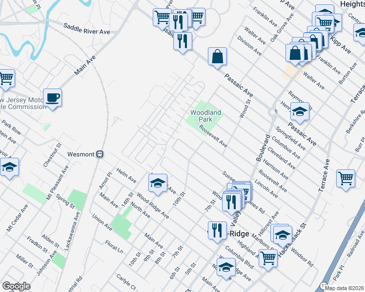map of restaurants, bars, coffee shops, grocery stores, and more near 244 Sussex Road in Wood-Ridge