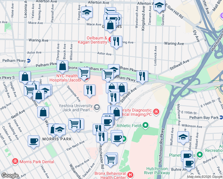 map of restaurants, bars, coffee shops, grocery stores, and more near 2100 Eastchester Road in Bronx