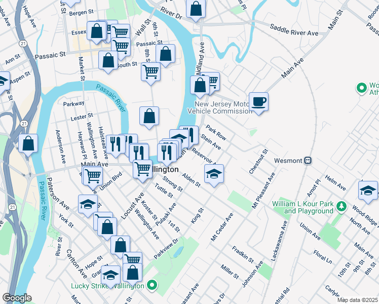 map of restaurants, bars, coffee shops, grocery stores, and more near 242 Main Avenue in Wallington