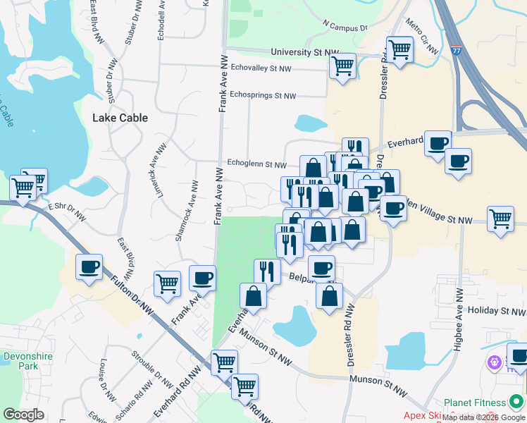 map of restaurants, bars, coffee shops, grocery stores, and more near 4890 Belden Park Drive Northwest in North Canton