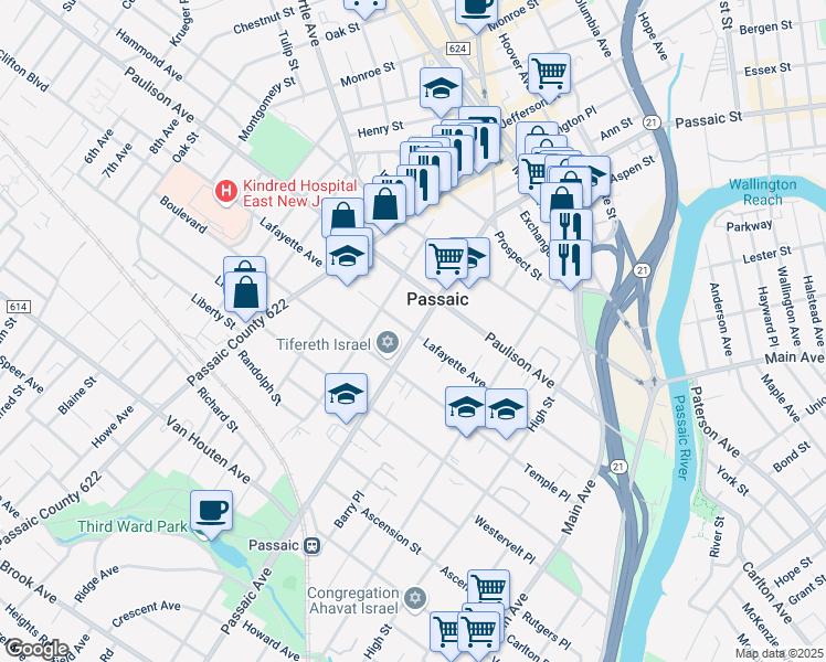 map of restaurants, bars, coffee shops, grocery stores, and more near 170 Passaic Avenue in Passaic