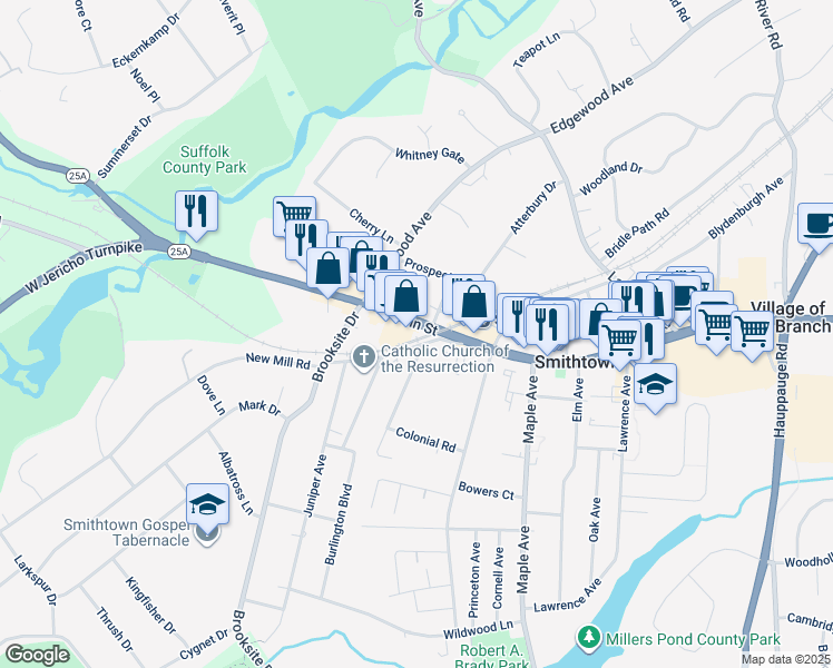 map of restaurants, bars, coffee shops, grocery stores, and more near 186 West Main Street in Smithtown