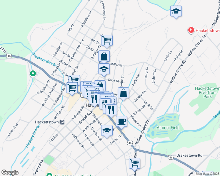 map of restaurants, bars, coffee shops, grocery stores, and more near 305 Sharp Street in Hackettstown