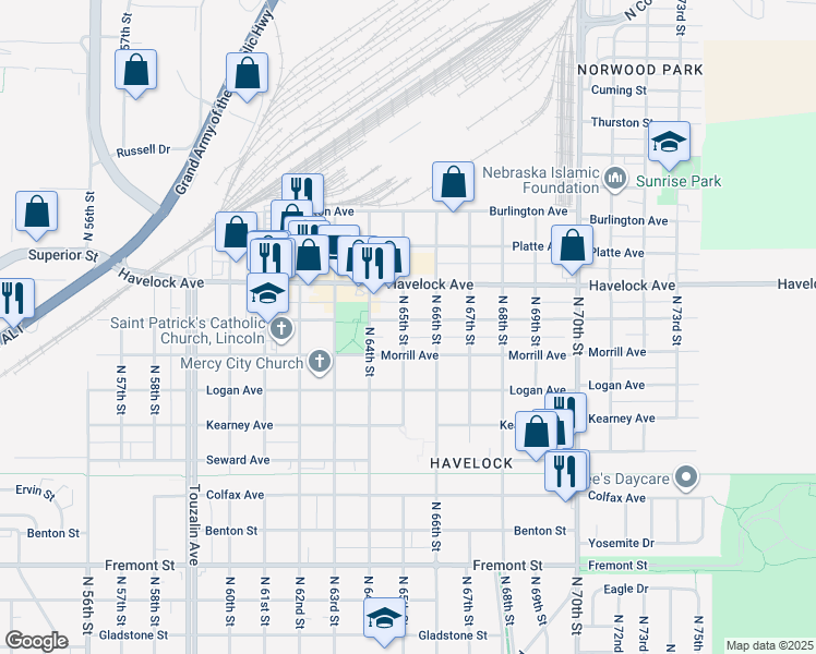 map of restaurants, bars, coffee shops, grocery stores, and more near 6503 Ballard Avenue in Lincoln