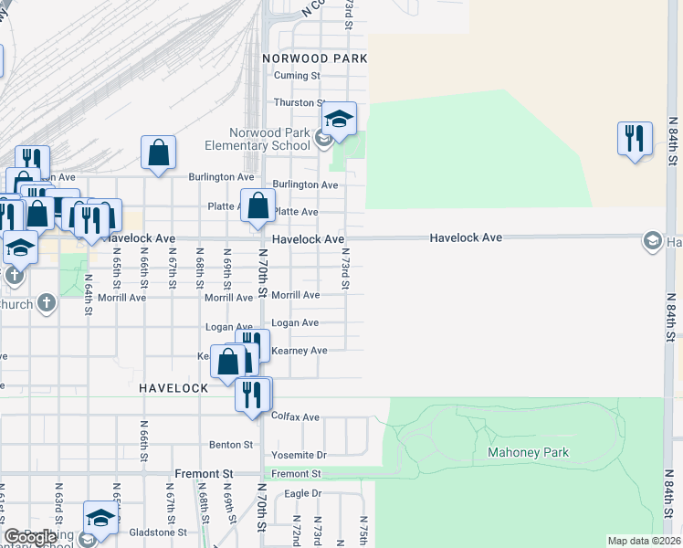 map of restaurants, bars, coffee shops, grocery stores, and more near 4241 North 73rd Street in Lincoln