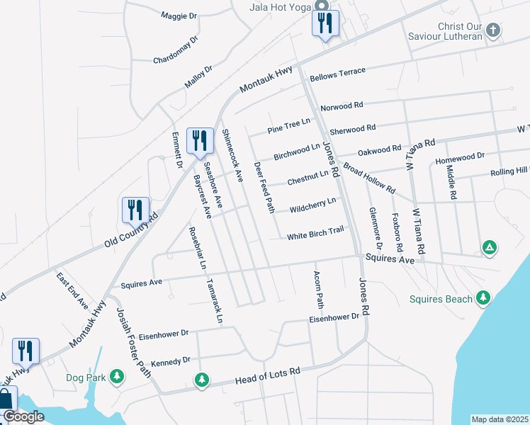 map of restaurants, bars, coffee shops, grocery stores, and more near 36 Shinnecock Avenue in East Quogue