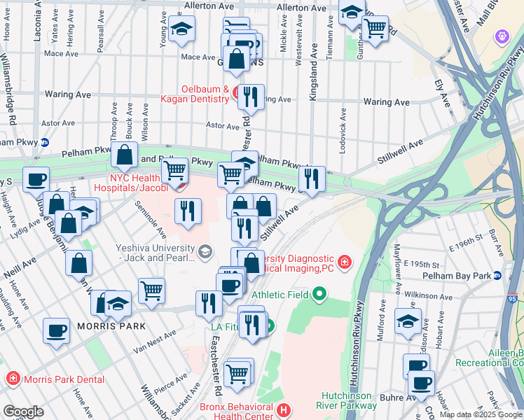 map of restaurants, bars, coffee shops, grocery stores, and more near 1551 McDonald Street in Bronx
