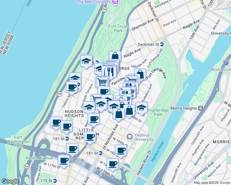 map of restaurants, bars, coffee shops, grocery stores, and more near 120 Wadsworth Terrace in New York