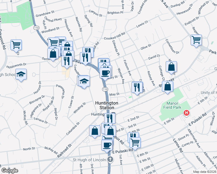 map of restaurants, bars, coffee shops, grocery stores, and more near 1090 New York Avenue in Huntington Station