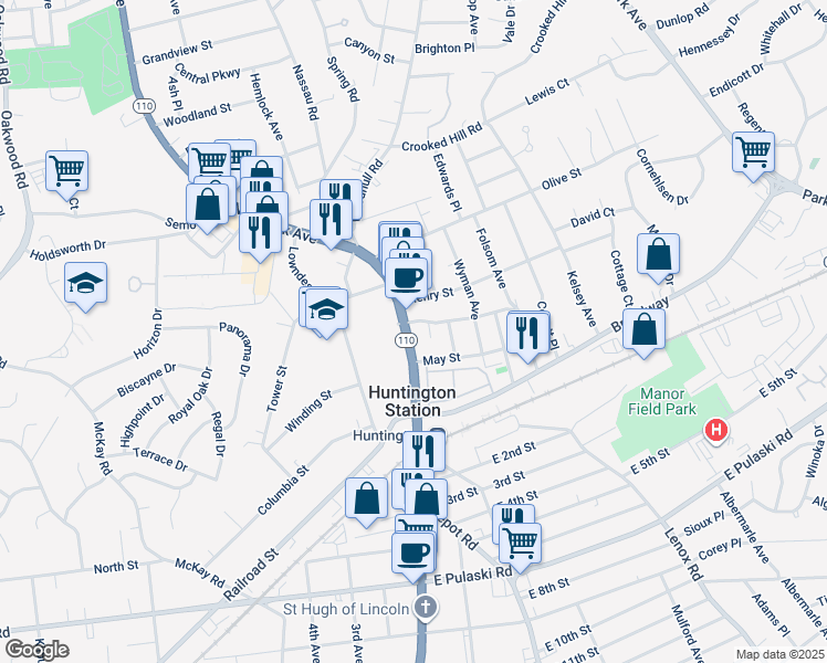 map of restaurants, bars, coffee shops, grocery stores, and more near 1090 New York Avenue in Huntington Station