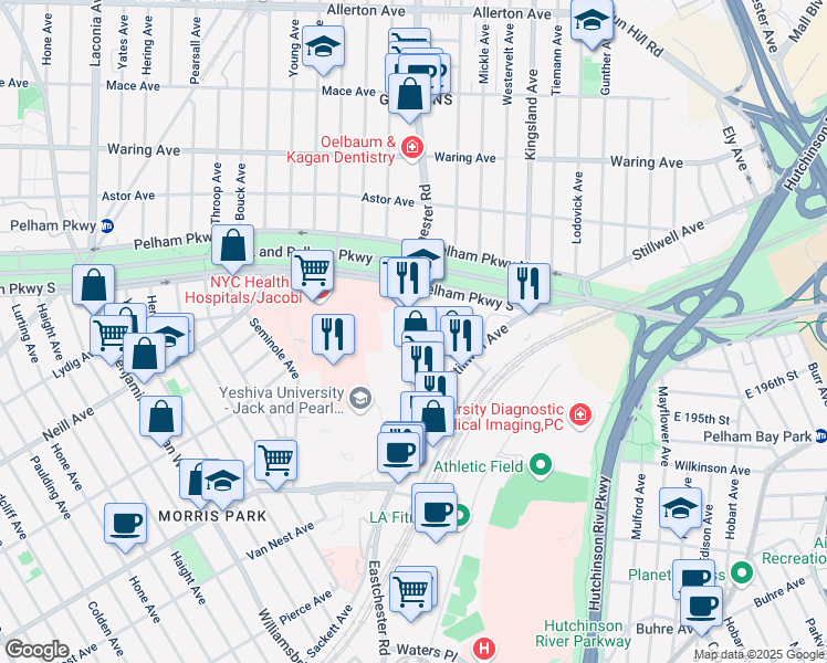 map of restaurants, bars, coffee shops, grocery stores, and more near 1501 McDonald Street in The Bronx
