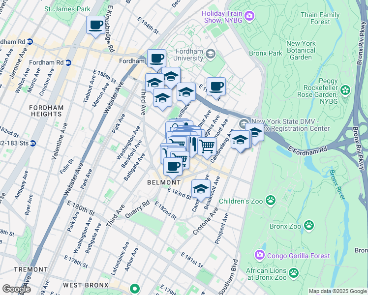 map of restaurants, bars, coffee shops, grocery stores, and more near 611 East 187th Street in Bronx