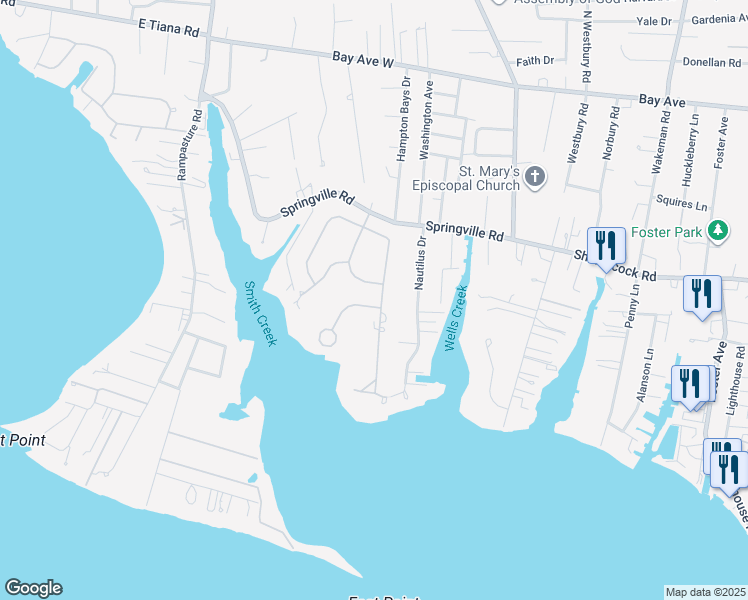 map of restaurants, bars, coffee shops, grocery stores, and more near 3 Canal Way in Hampton Bays