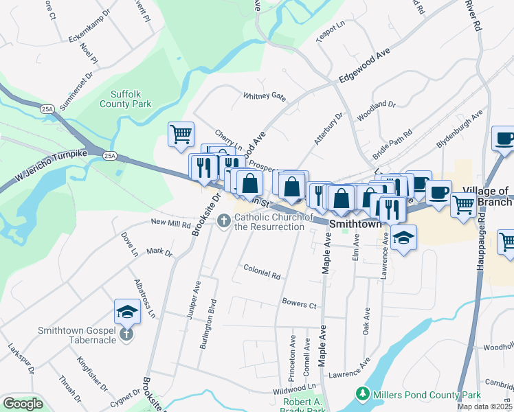 map of restaurants, bars, coffee shops, grocery stores, and more near 186 West Main Street in Smithtown