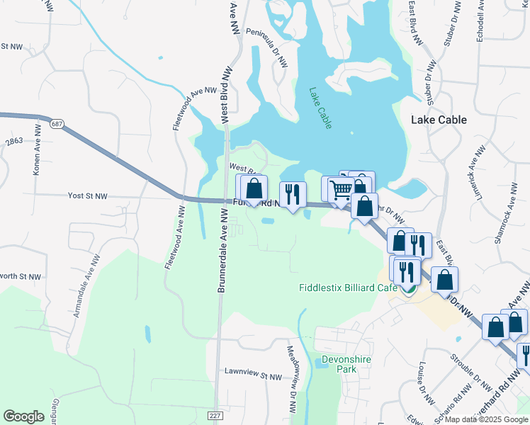 map of restaurants, bars, coffee shops, grocery stores, and more near 5868 Fulton Drive Northwest in Canton