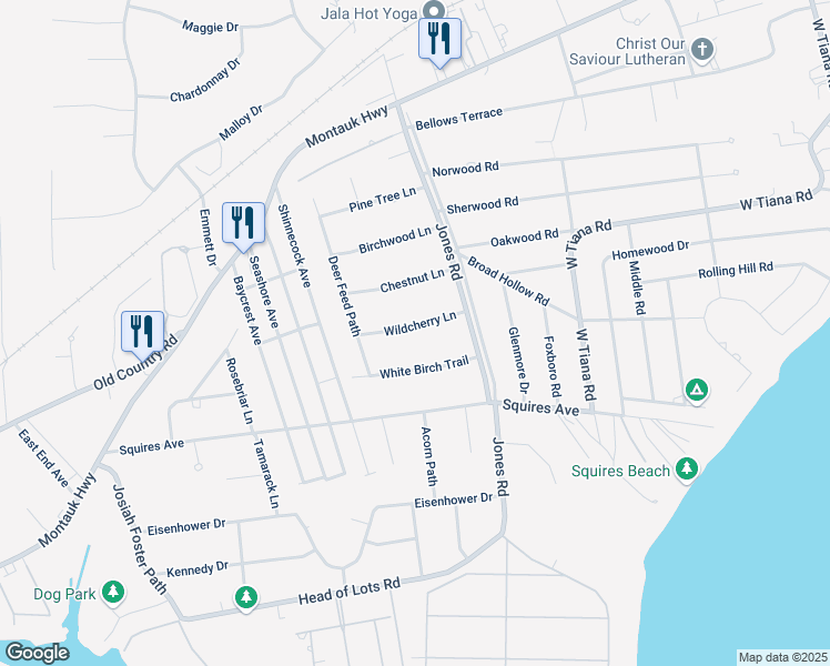 map of restaurants, bars, coffee shops, grocery stores, and more near 9 Wildcherry Lane in East Quogue