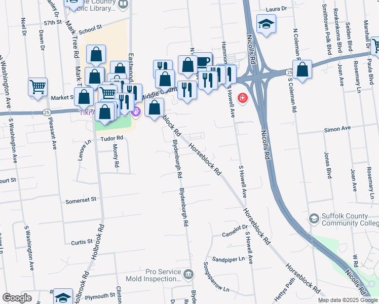 map of restaurants, bars, coffee shops, grocery stores, and more near 68 Horseblock Road in Centereach