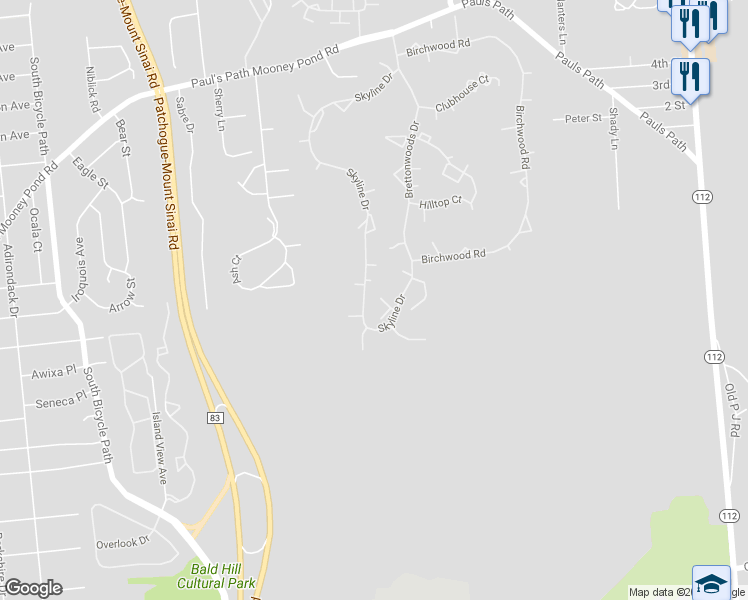 map of restaurants, bars, coffee shops, grocery stores, and more near 1004 Skyline Drive in Coram