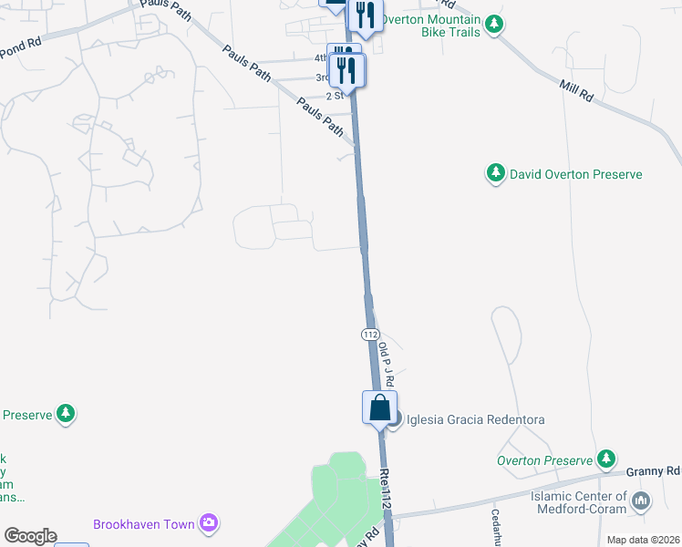 map of restaurants, bars, coffee shops, grocery stores, and more near 3550 New York 112 in Coram