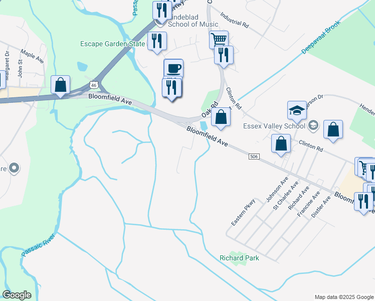 map of restaurants, bars, coffee shops, grocery stores, and more near 19 Broadway Lane in Fairfield