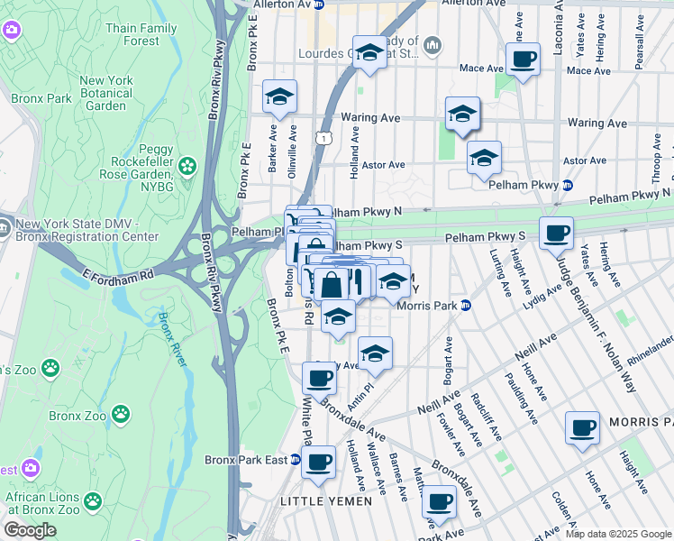 map of restaurants, bars, coffee shops, grocery stores, and more near 2186 Cruger Avenue in Bronx